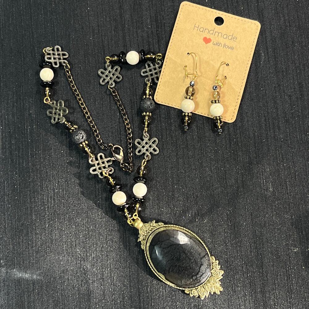 Obsidian oval cabochon necklace pendant earrings Antique Gold setting 18 inches